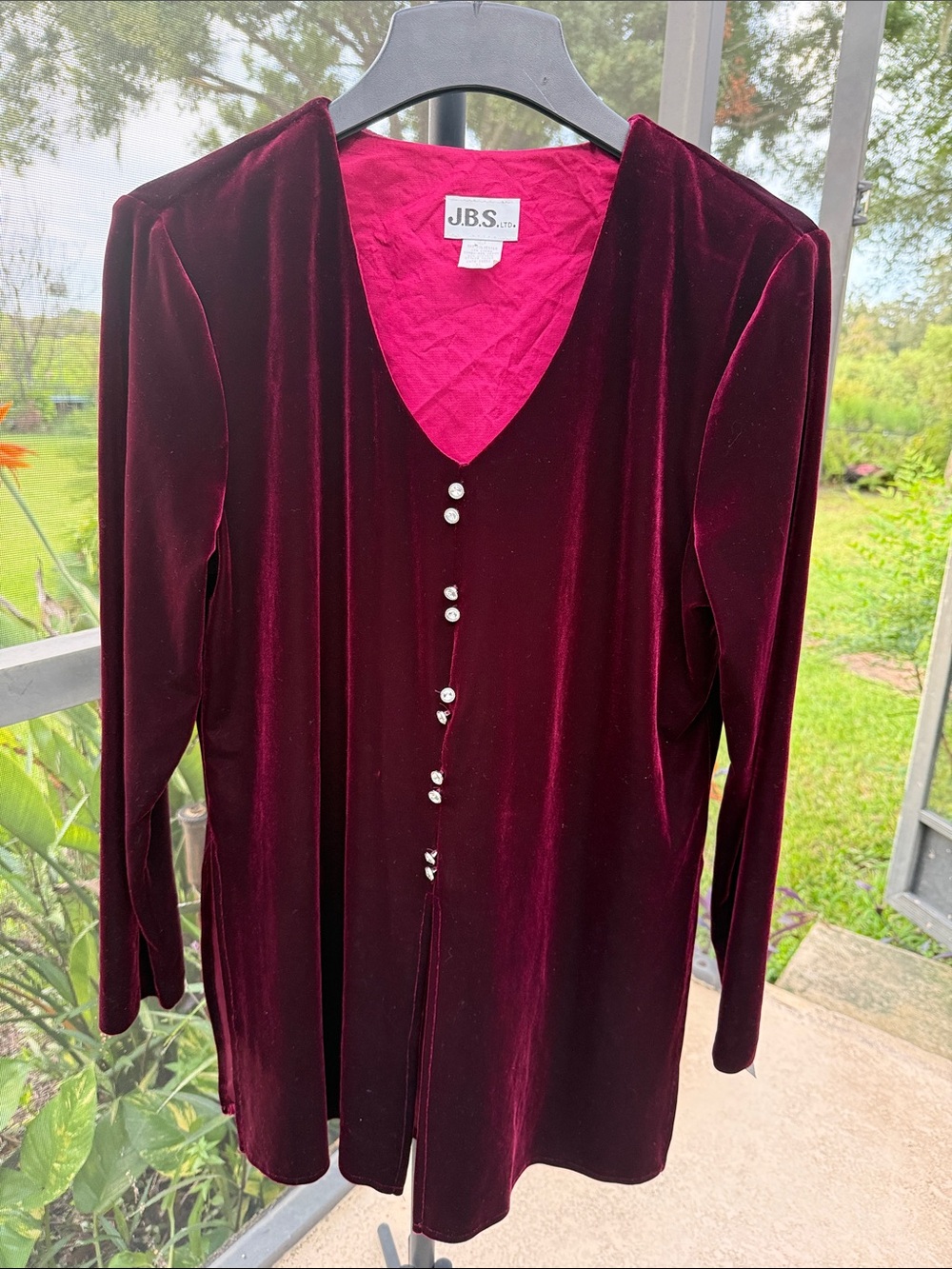 J.B.S. Deep Wine Velvet Long Sleeve Top with Diamond Buttons
